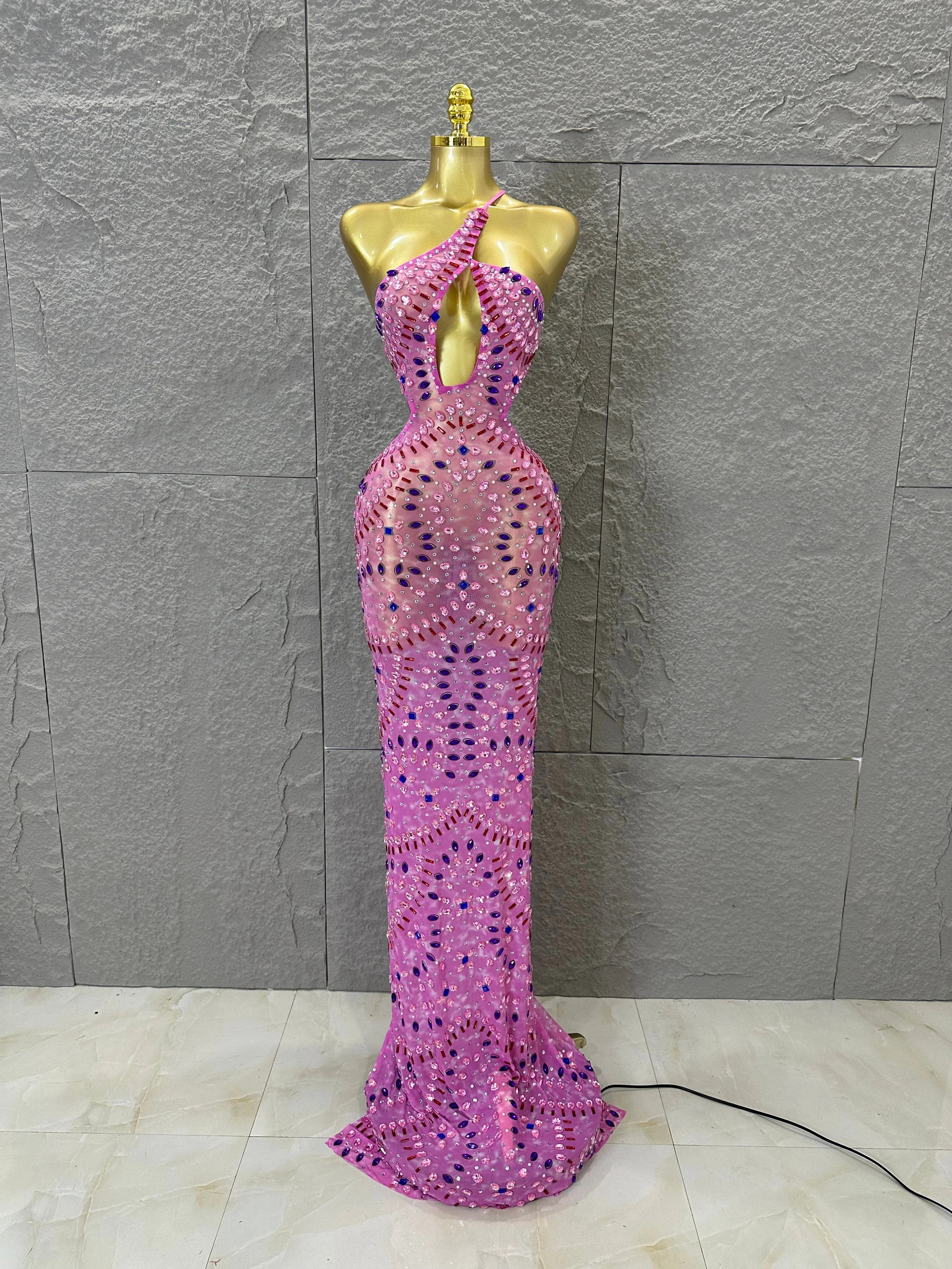 Women Sexy Cutout Full Crystal Embellished Bodycon Mermaid Outfit Sheer Mesh Maxi Dress Stage Performance Evening Party Costume Pink
