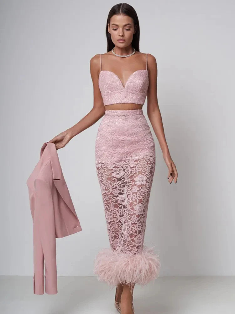 New Women Sexy V Neck Lace Feather Midi Skirt Bandage Set Celebrity Elegant Evening Club Cocktail Party Outfits WHITE