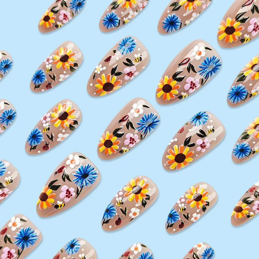 24pcs Garden Style False Nails With Colorful Flower Designs Glossy Almond Press On Nails Full Cover Artificial Autumn Fake Nail