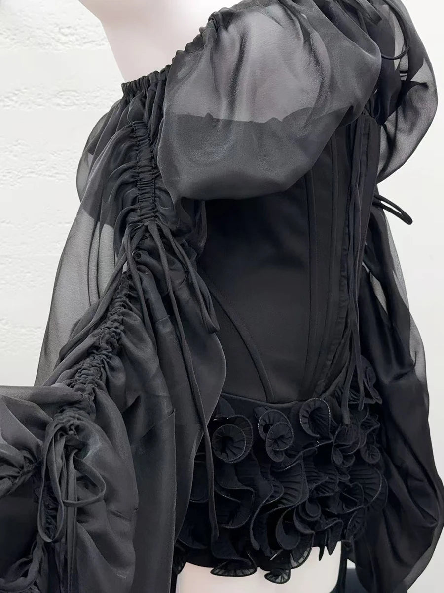 Solid Slimming Spliced Lace Up Mini Dresses for Women Slash Neck Long Sleeves Patchwork Fungus Folds Dress Female