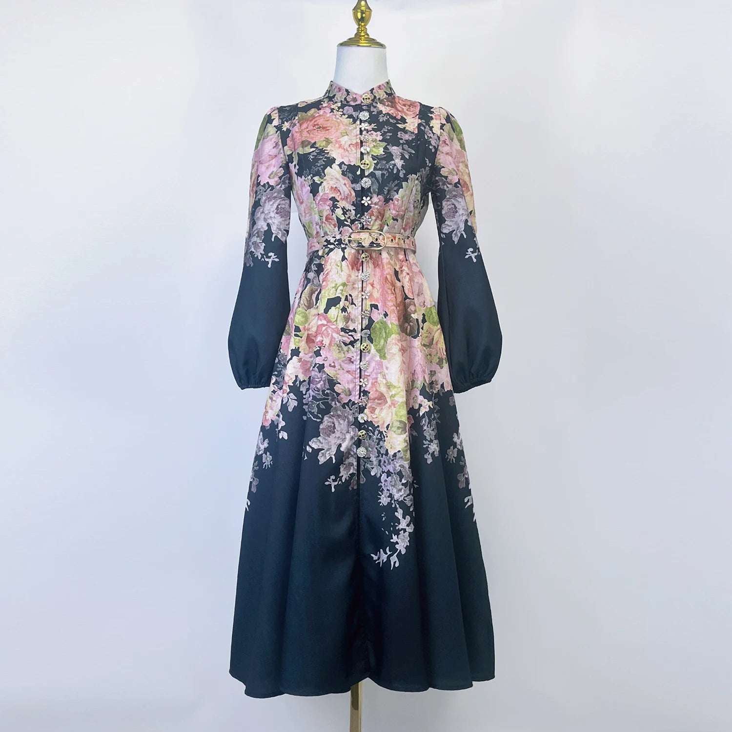 Real Shot Spot Australian Design Single-Breasted Sleeve Cotton Linen Spring And Summer New Midi Dress With Bel Black