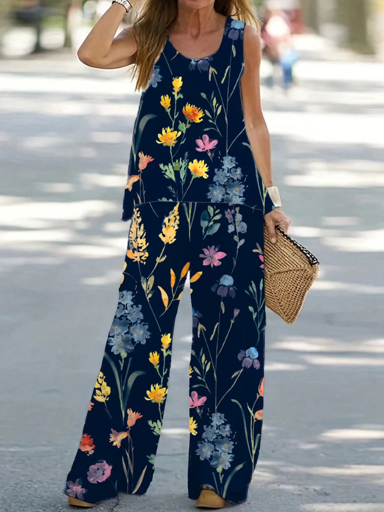 1XL-8XL Plus Size Women's Casual Outfits Two Piece Set Solid Round Neck Tank Top Wide Leg Pants Outfits 2 Piece Set Navy Blue