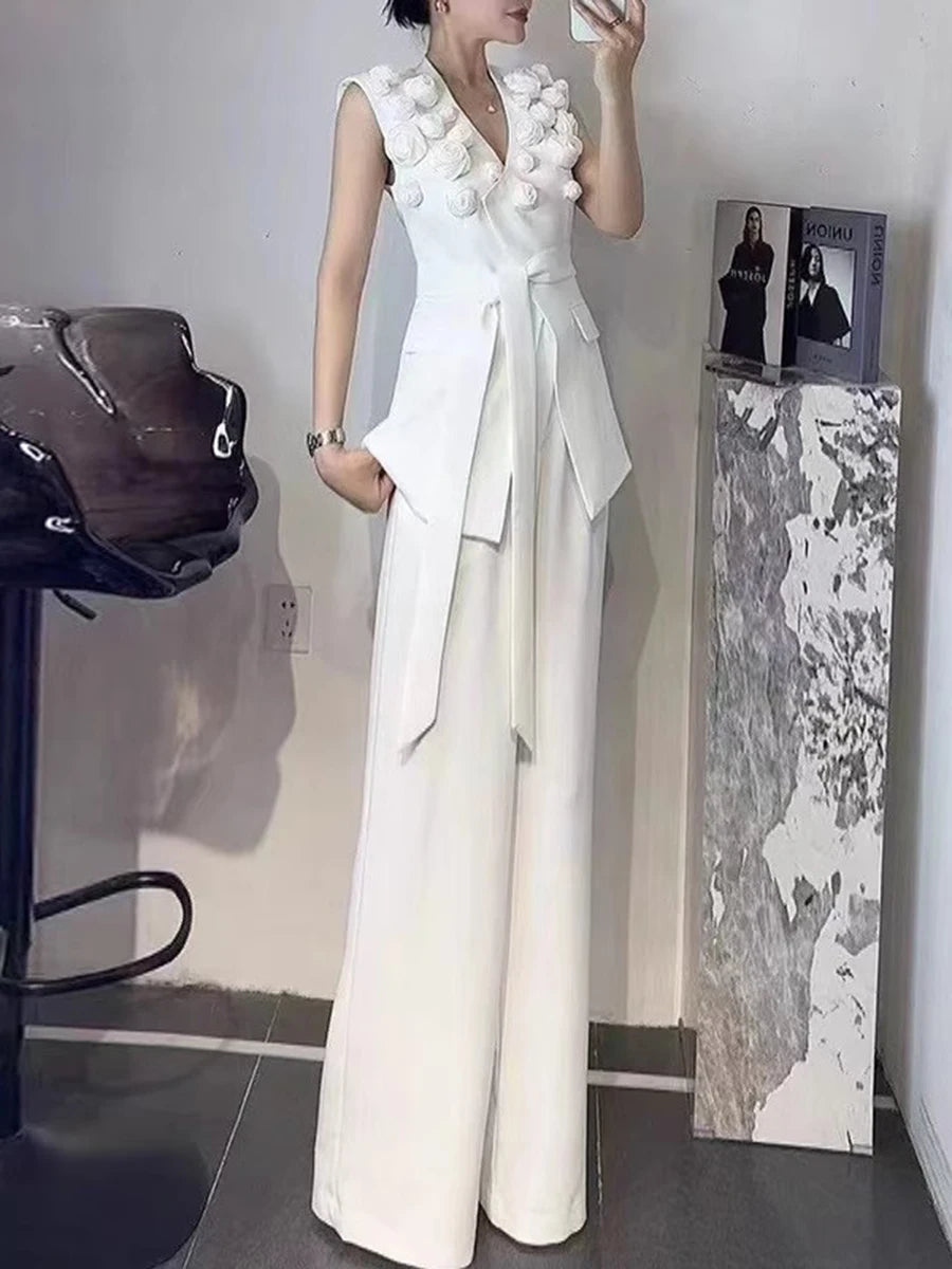 Solid Spliced Applique Two Piece Sets for Women V Neck Sleeveless Patchwork Lace Up Top High Waist Skirt Set Female WHITE