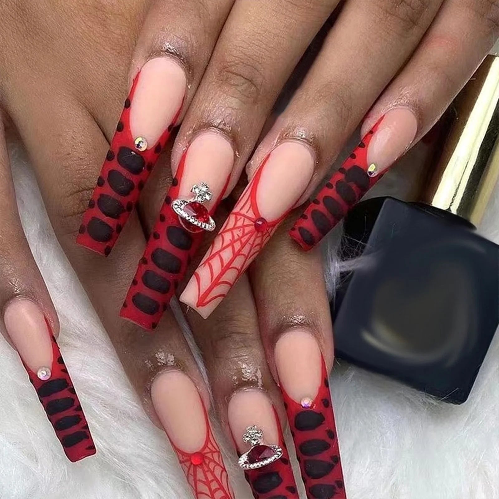 24pcs Scary Blood Skull Fake Nails Long Coffin Ballet Halloween Spider Web Print False Nails Wearable European Press on Nails 6