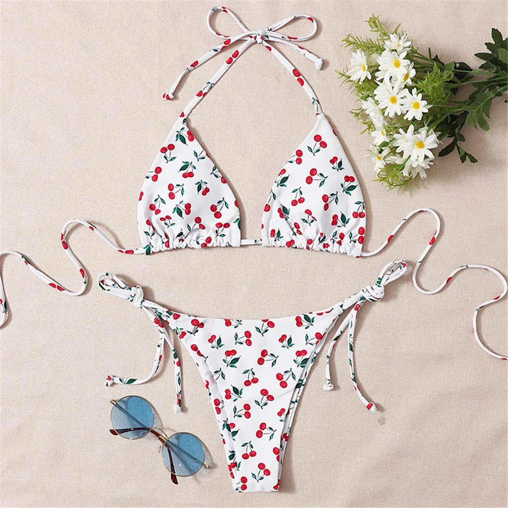 Halter Triangle Sexy Bikini Sets 2023 Women Patent Leather Glitter Swimsuit Summer Solid G-String Swimwear Side Lace Up Monokini s12Print