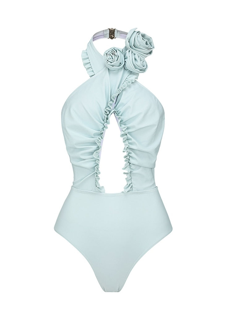 Sexy Brazilian Solid Halter Monokini - Swimsuit Floral Hollow Out Swimwear Women One Piece High Cut Push Up Bathing Suits X23SW0552-3