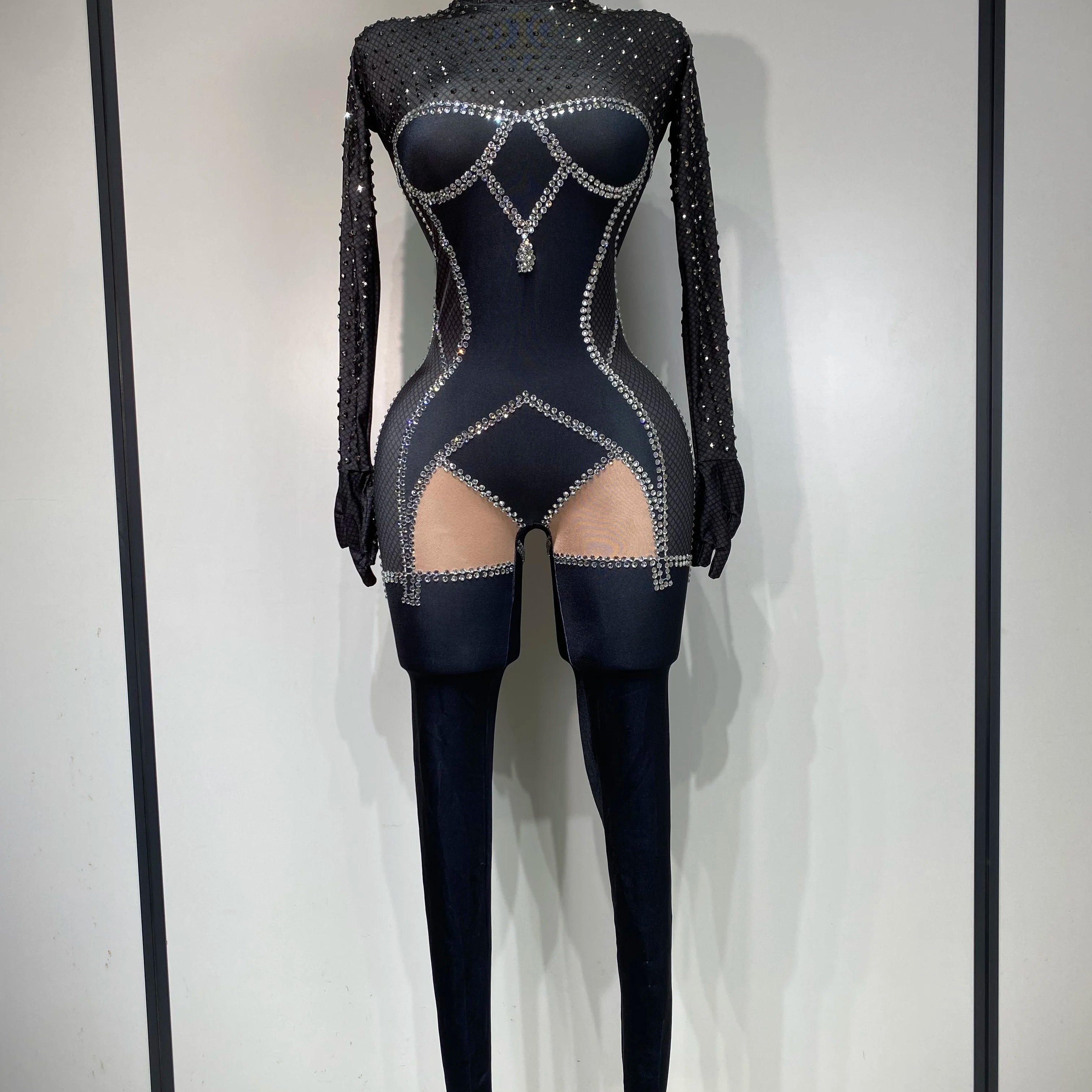 STOCK Sparkly Diamond Women Sexy Mesh Jumpsuit Nightclub Bar Party Show Gogo Dancer Clothing Drag Queen Outfit Stage Costume Black
