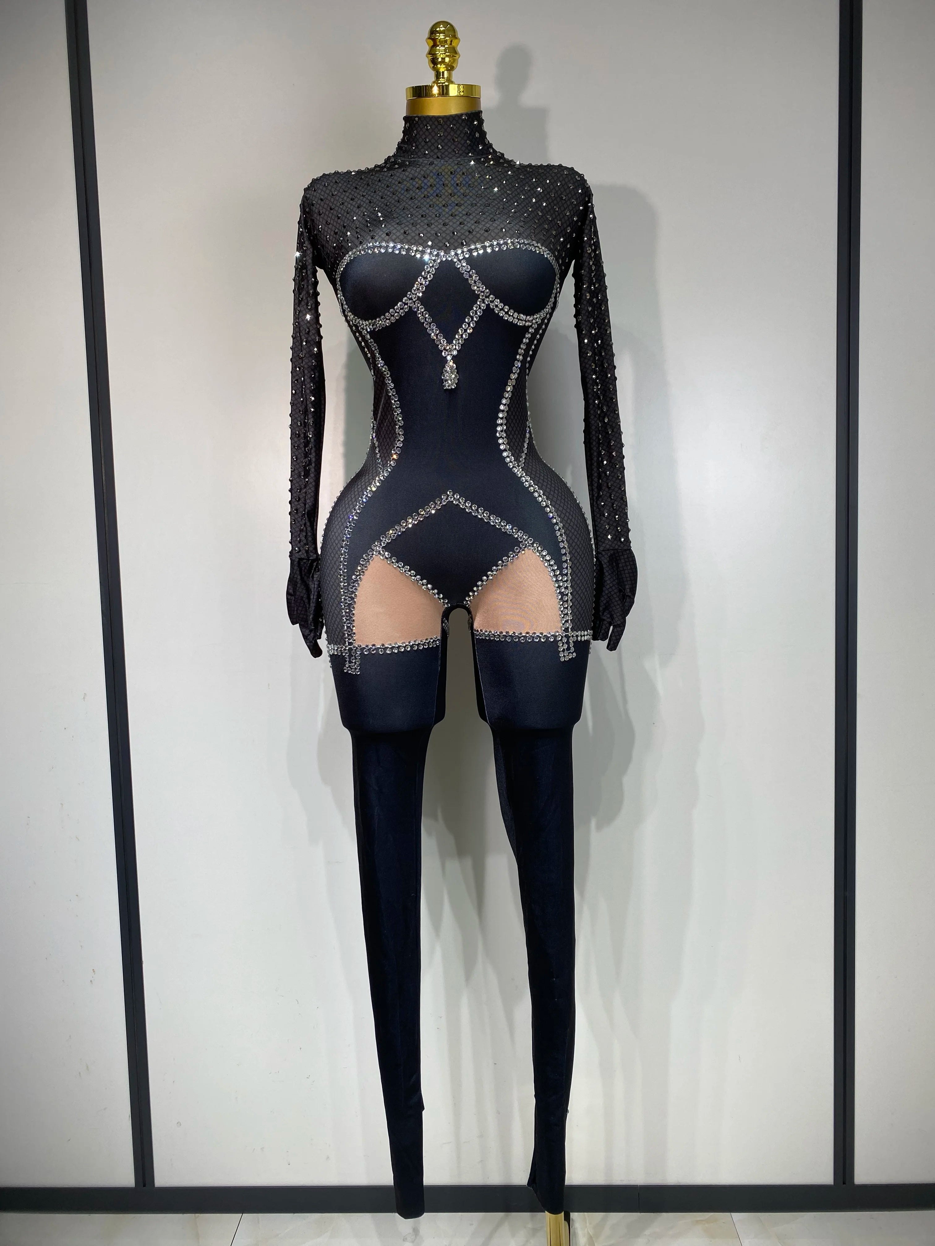 STOCK Sparkly Diamond Women Sexy Mesh Jumpsuit Nightclub Bar Party Show Gogo Dancer Clothing Drag Queen Outfit Stage Costume Black