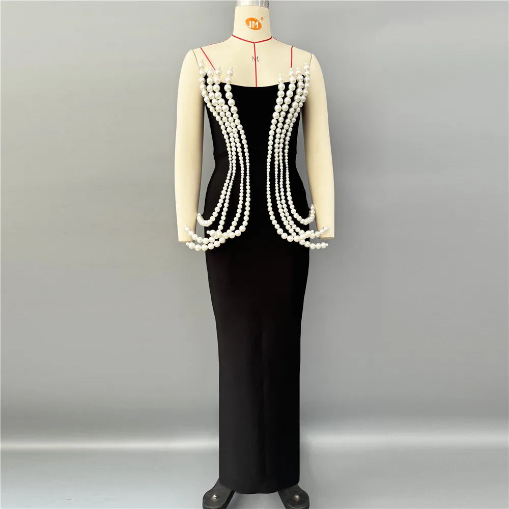 Exquisite Black Velvet Mermaid Gown with Statement Pearl Decor for a Special Occasion Dress black