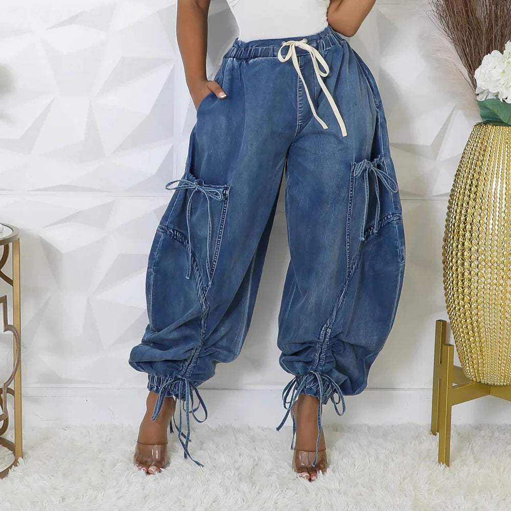 Denim Spliced Lace Up Jeans For Women High Waist Patchwork Drawstring Vintage Loose Pant Female Fashion Clothes New