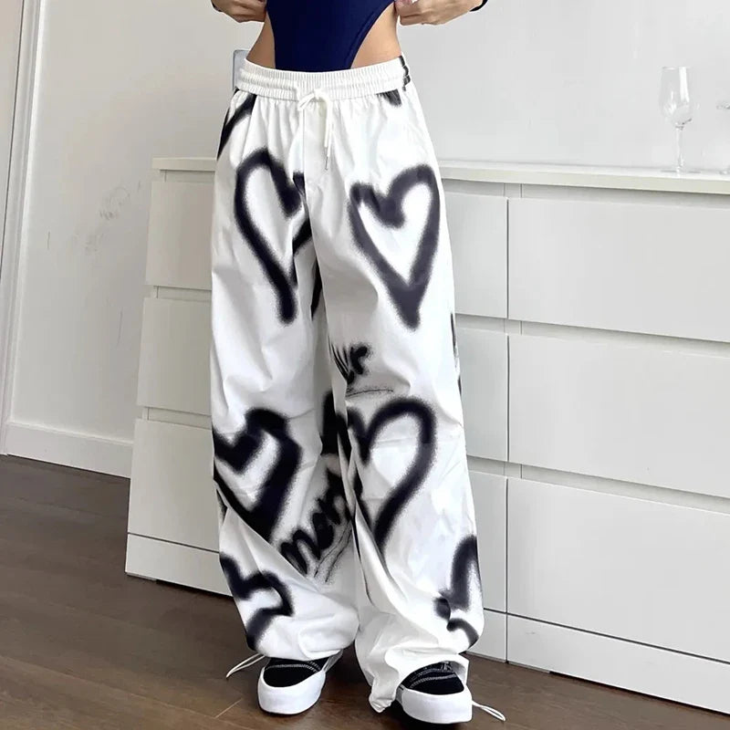 Y2K Love Graffiti Wide Leg Pants Women High Waist Streetwear Loose Drawstring Jogging Trousers Female Korean Casual Sweatpants WHITE