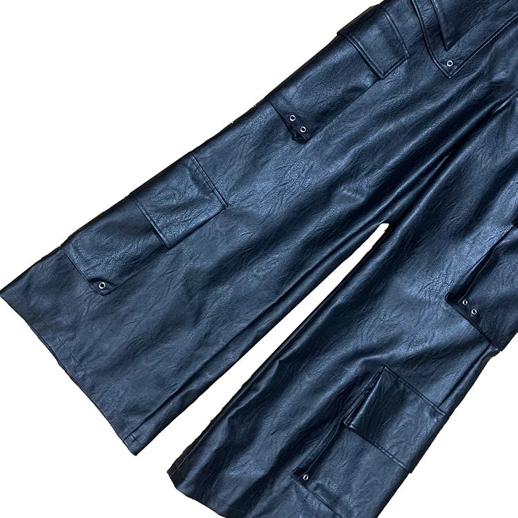 Mauroicardi Autumn Baggy Black Faux Leather Wide Leg Cargo Pants Men with Many Pockets Luxury Mens Designer European Clothing