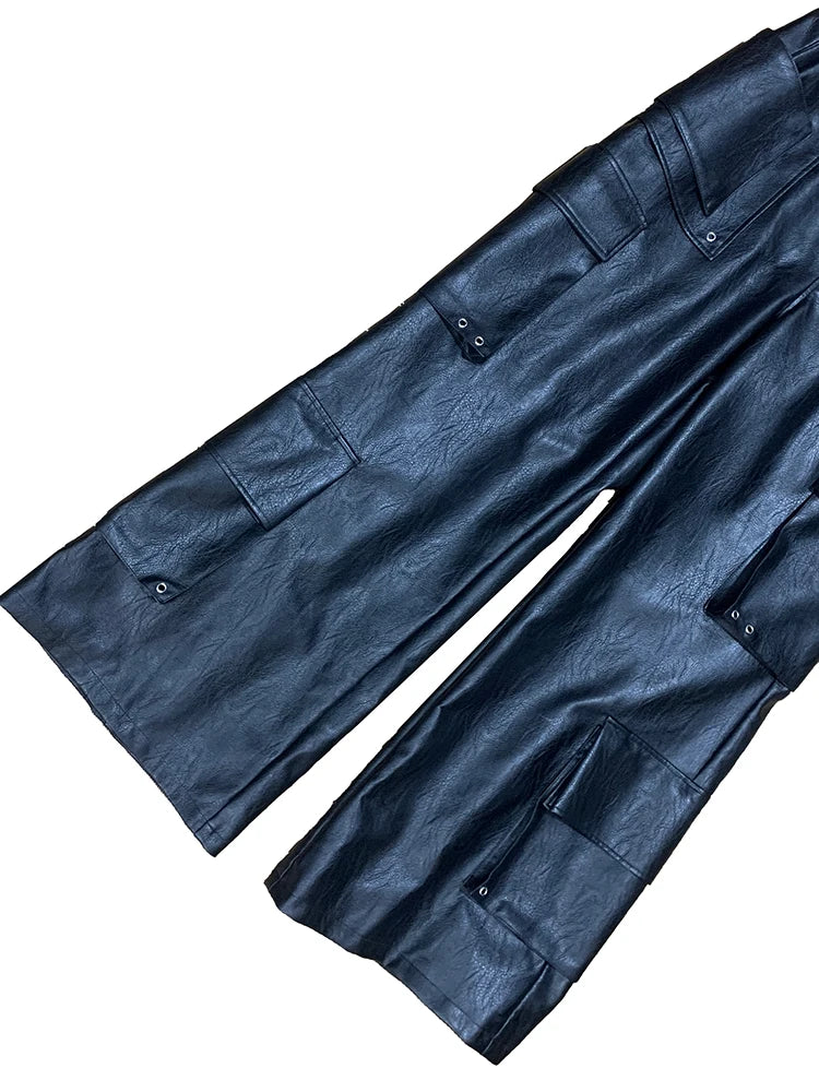 Mauroicardi Autumn Baggy Black Faux Leather Wide Leg Cargo Pants Men with Many Pockets Luxury Mens Designer European Clothing