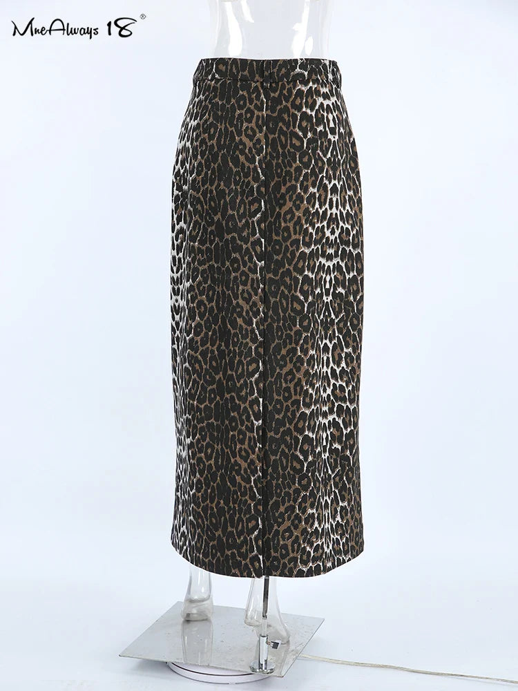 Mnealways18 Vintage Leopard Print Straight Skirts Female Street Chic High Waist Long Skirt Summer Office Split Skirt Cotton