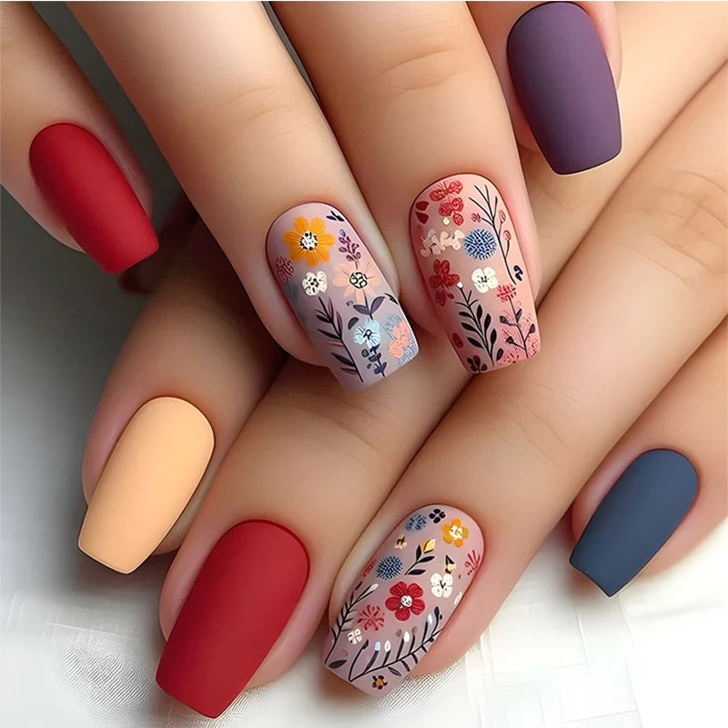 24pcs/set Meduim long fake nails for women peach flowers heart for Spring summer Square faux ongles press on false nail art tips 1928