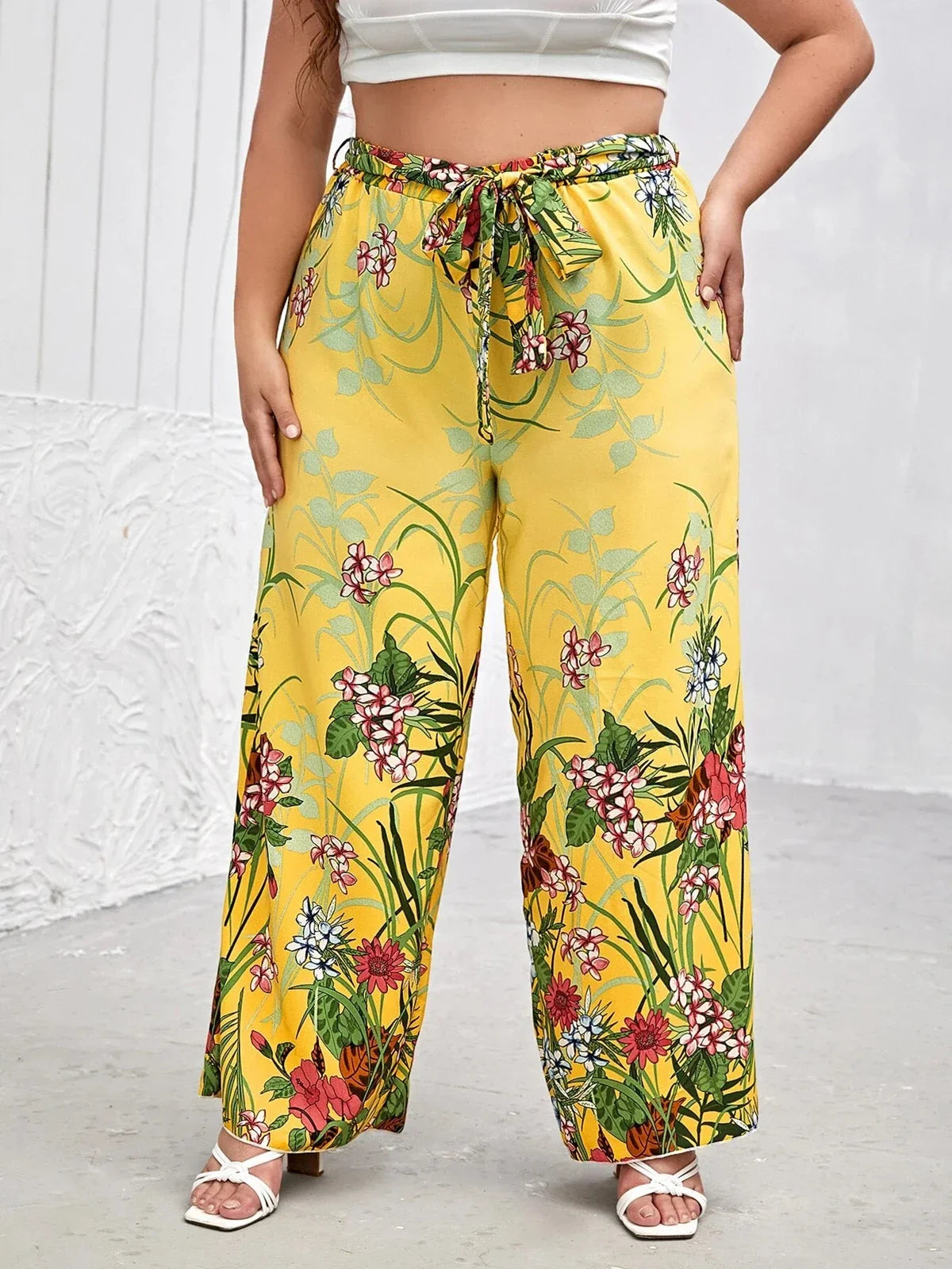 Plus Size Floral Print Summer Elegant Wide Leg Pants Elastic Waist Sashes Casual Yellow Boho Pants Trousers Large Size 6XL 7XL Yellow