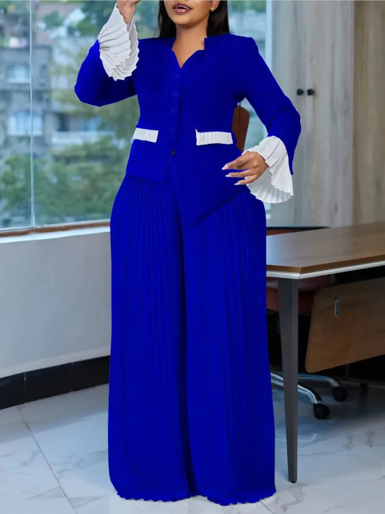 Plus Size Spring Autumn 2 Two Piece Set Women Slim Fashion Irregular Ladies Blouses Pleated Loose Wide Leg Woman Long Pant