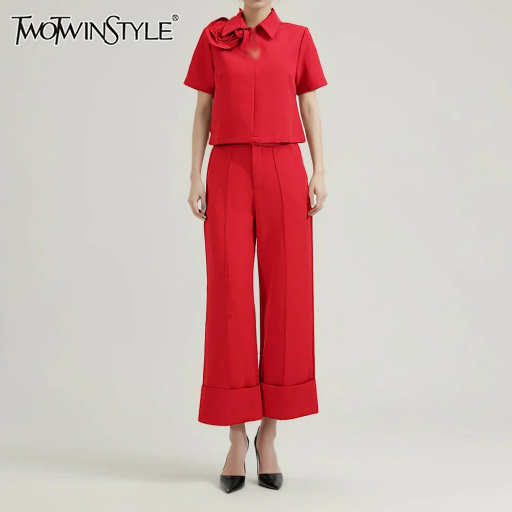 Solid Elegant Two Piece Sets for Women Lapel Short Sleeve Spliced 3D Flower Top High Waist Wide Leg Pant Set Female