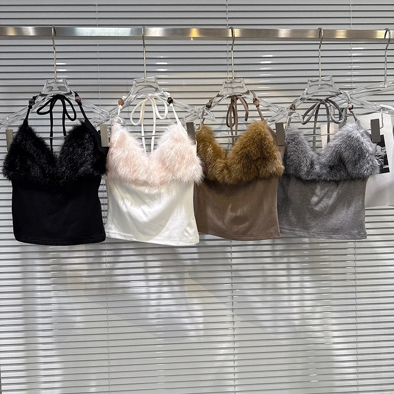 Winter New Elegant Fashion Fur Patchwork Backless Tie Halter Neck Camisole For Women Slim Fit Tank Top Female 11A07479