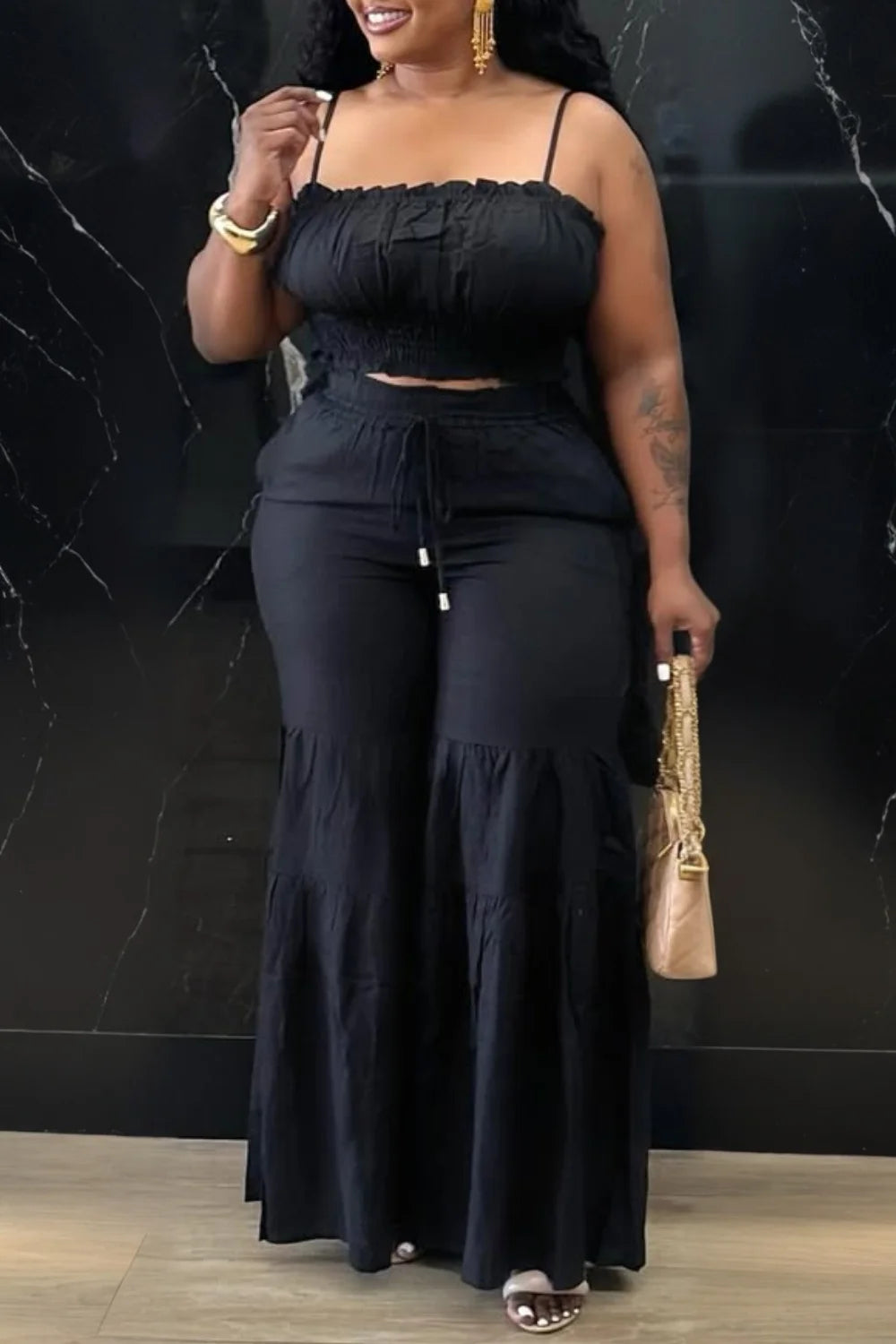 Plus Size Vacation Orange Casual Smocking Two Piece Pant Sets black