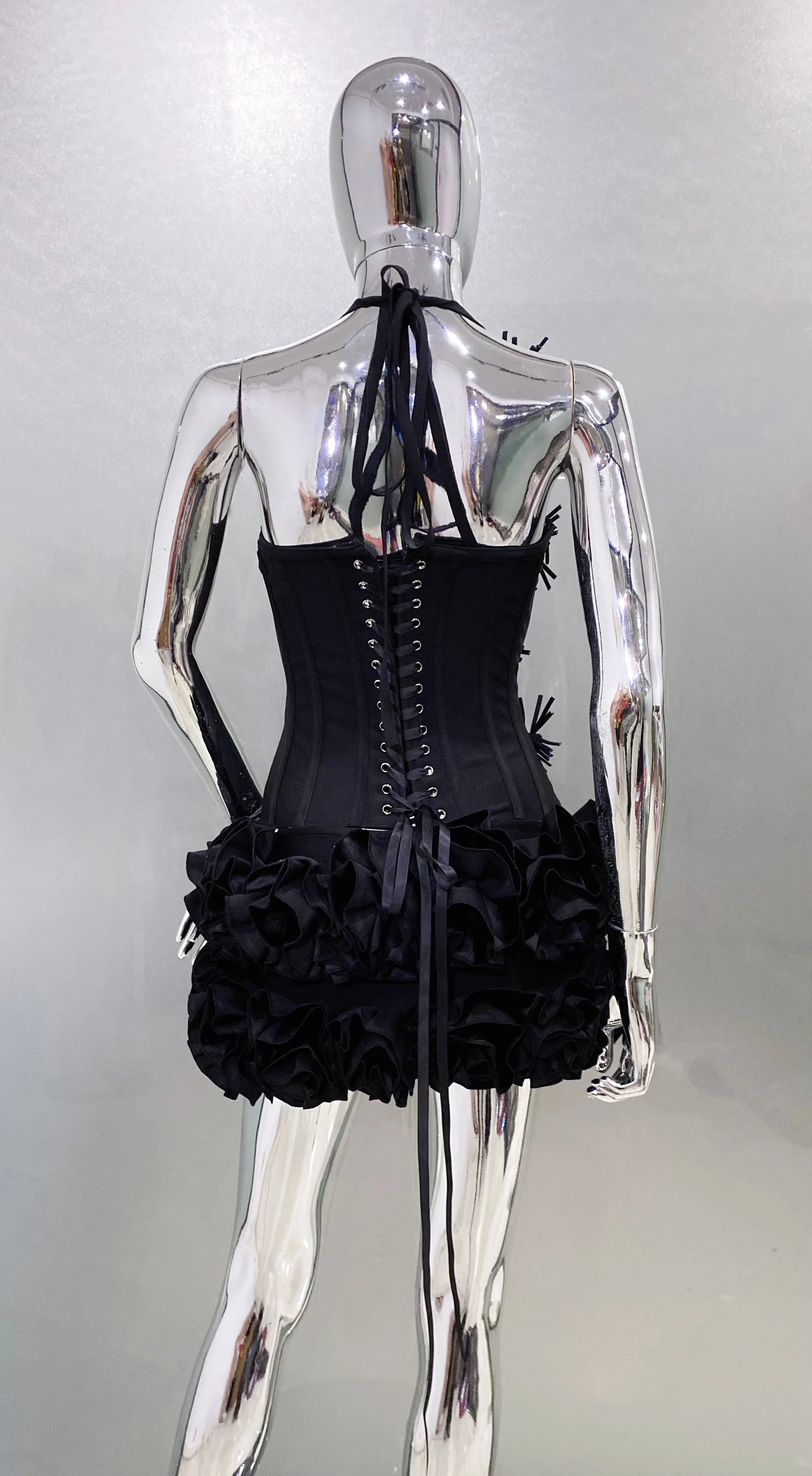 Black Red Women Sexy Strapless Laced-up Tops 2 Pieces Florals Bodycon Mini Bandage Dress Celebrate Nightclub Party Stage Wear