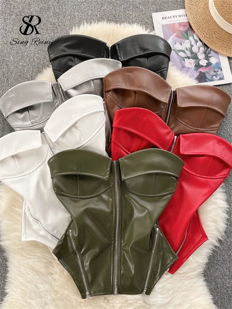 SINGREINY Strapless PU Leather Short Tank Top Fashion Zipper Design Slim Chic Backless Camis Ladies Streetwear Club Sexy Top