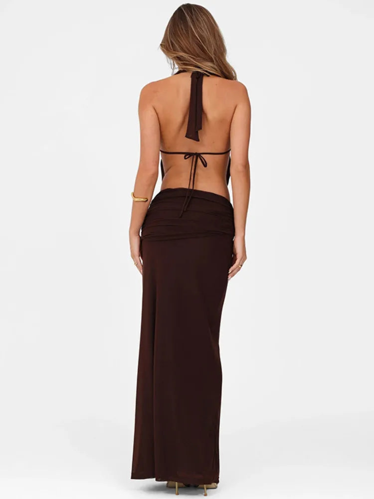 Mozision Hollow Out Lace-up Sexy Skirt 2 Piece Sets Women Brown Halter Crop Tops And Maxi Skirt Female Skinny Sexy Two Piece Set