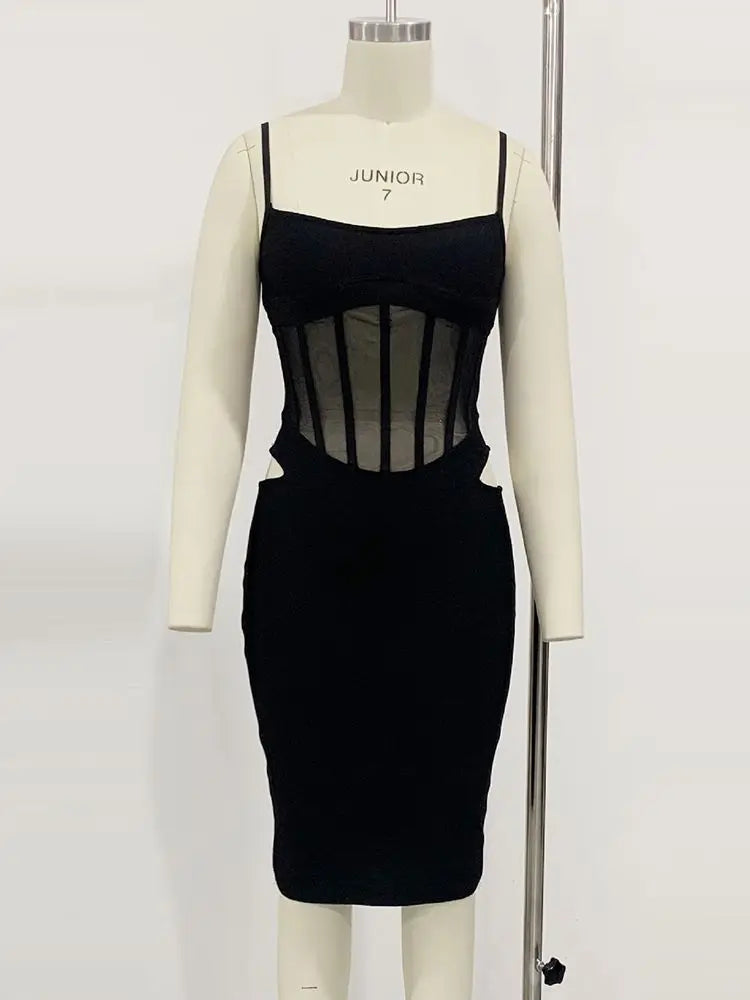 Ailigou New Summer Women's Sexy Sleeveless Tight Fit Midi Bandage Dress with Hollow Lace Elegant Celebrity Party Club Dress