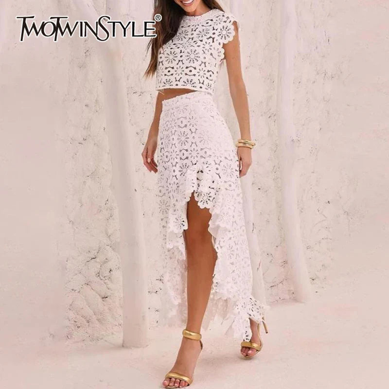 Hollow Out Embroidery Two Piece Set For Women Round Neck Sleeveless Top High Waist Split Skirts Elegant Sets Female