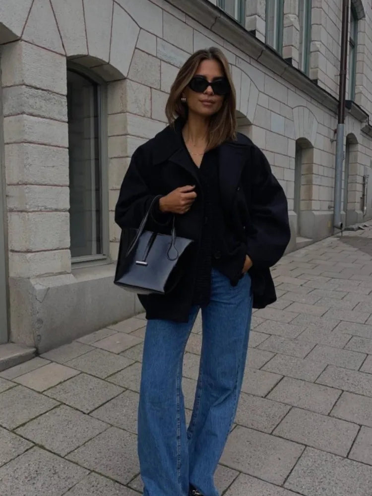 Women Fashion Wool Lapel Coats Vintage Cape Sleeve Casual Single Breasted Pockets Jackets Autumn Winter Female Chic Streetwear