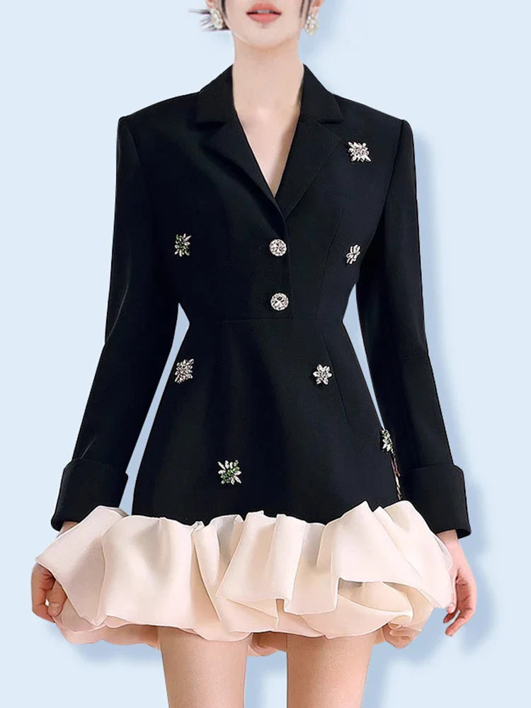 Colorblock Patchwork Diamonds Elegant Dresses For Women V Neck Long Sleeve High Waist Spliced Organza Dress Female BLACK