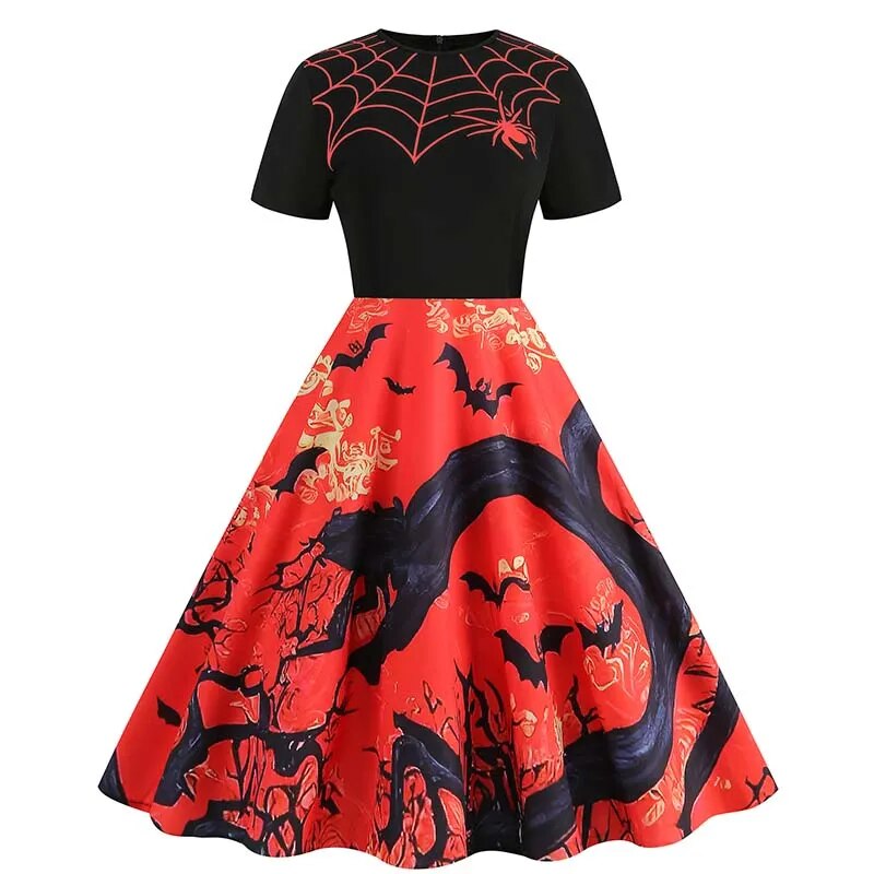 Women Halloween Costumes Dresses Short Sleeve Print 2024 Autumn Winter Vintage Party Dress Vestidos 004