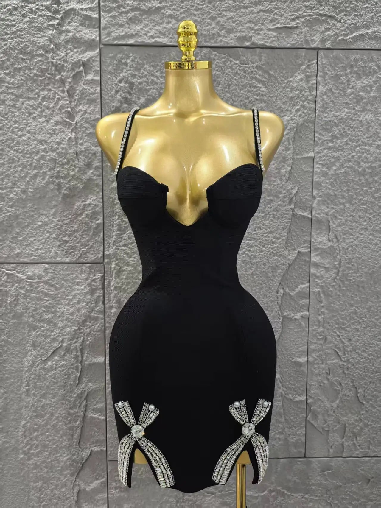 Hot Sale Women Sleeveless Sexy Strap Shinning Diamond Bodycon Mini Bandage Dress Nightclub Party Celebrate Bar Singer Outfit black