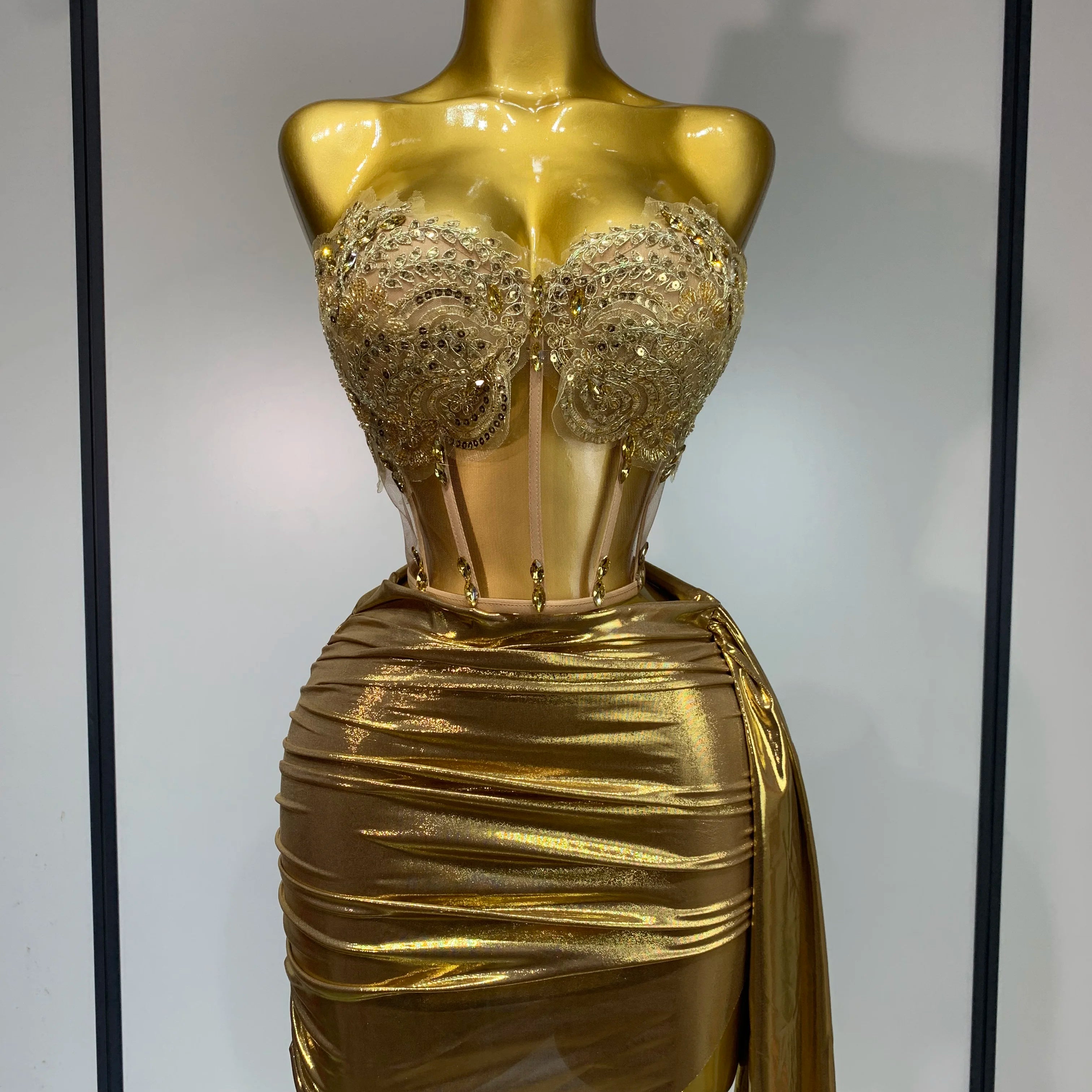 Women Sexy Strapless Sequins Rhinestone Gold Dress Glitter Top Two Pieces Sets Birthday Evening Party Club Singer Stage Outfit Gold