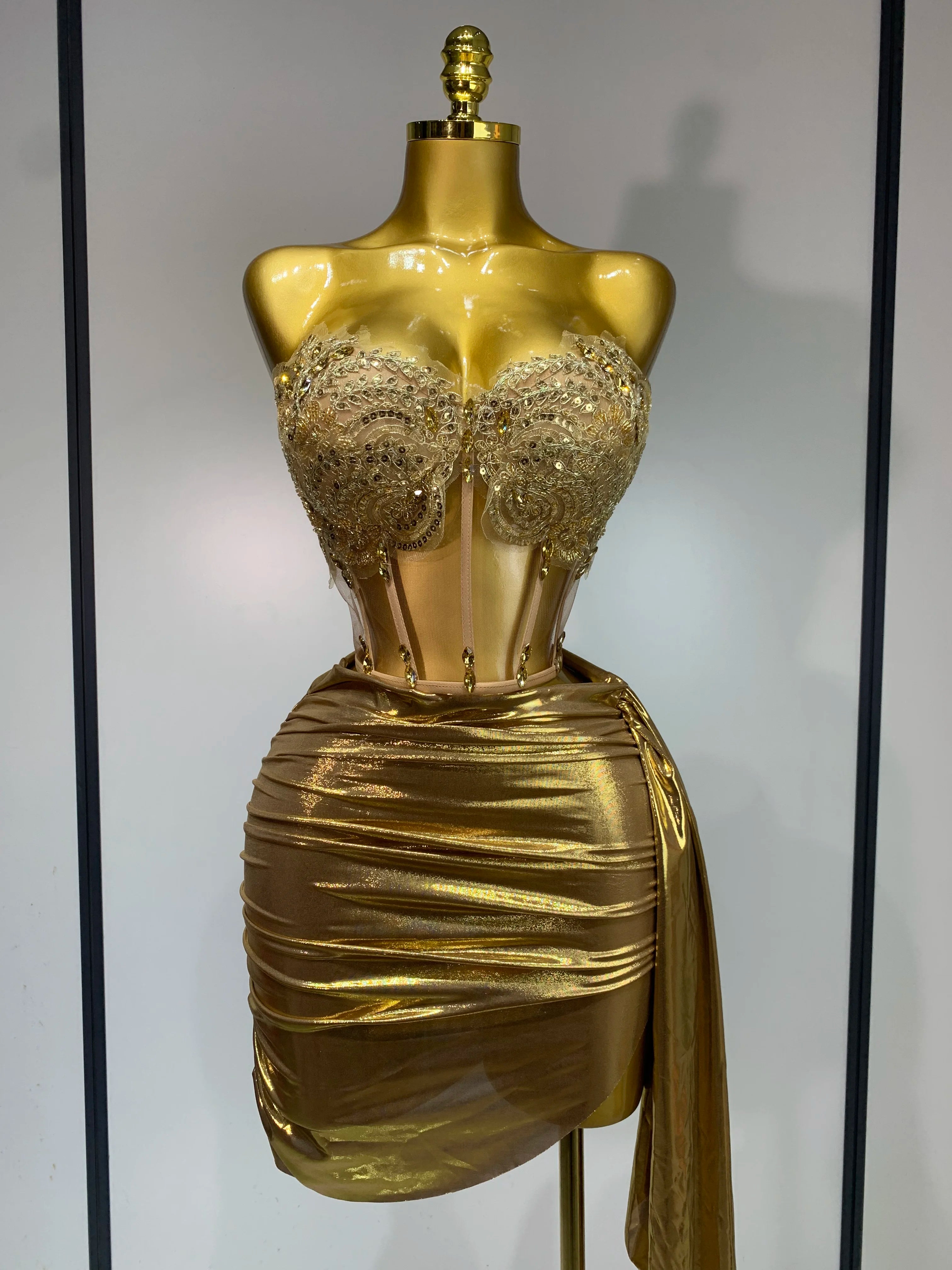 Women Sexy Strapless Sequins Rhinestone Gold Dress Glitter Top Two Pieces Sets Birthday Evening Party Club Singer Stage Outfit Gold