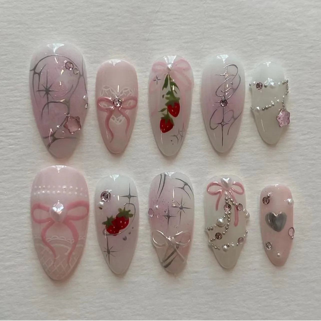 24Pcs Almond False Nails with Broken Diamond Fashion Green Flower Design Nail Art Tips Wearable Full Cover Press on Fake Nails 3404