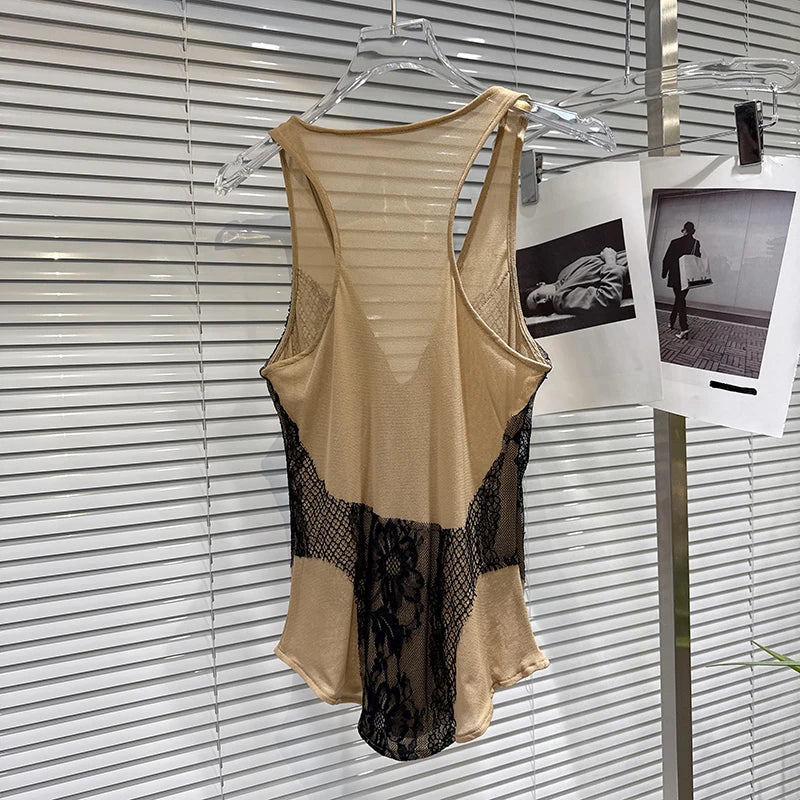 Winter New Fashion V-neck Lace Patchwork Slim Fit Mesh Camisole For Women Versatile Tank Tops Female Trend 11A07580