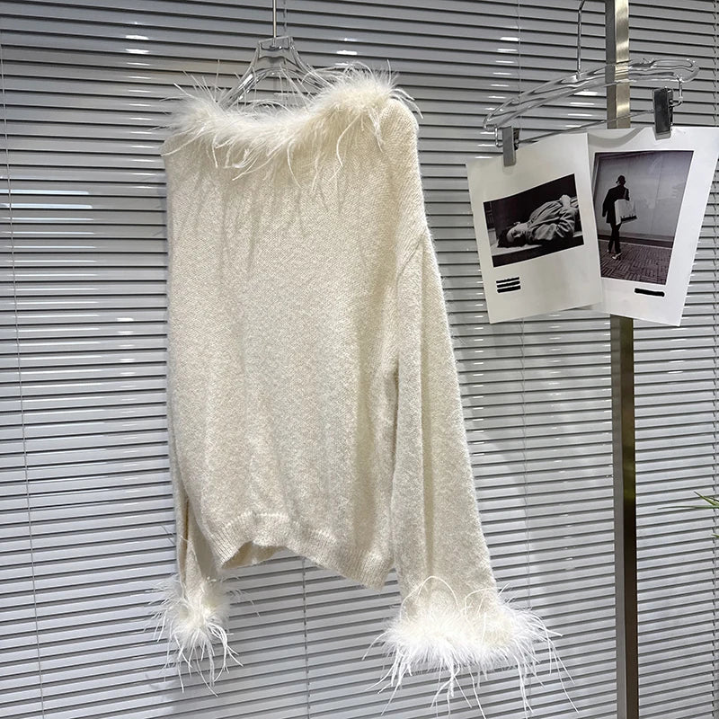 Winter Fashion Feather Trim Loose Elastic Knit Sweater For Women Solid Color Versatile Pullover 11A07673