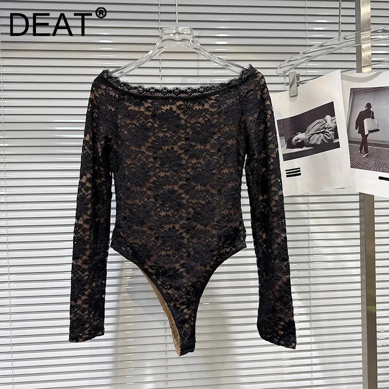 Winter New Fashion Off-Shoulder Lace Base Jumpsuit Top For Women Slim Fit Versatile Solid Color Shirts Female 11A07951