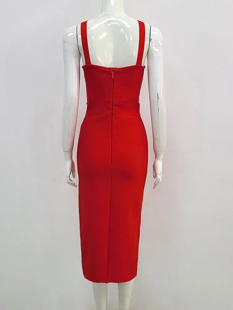 Ailigou Brand New Red Chain Sleeveless V-Neck Tight Midi Bandage Dress Tights Celebrity Club Party Dress Vesidos