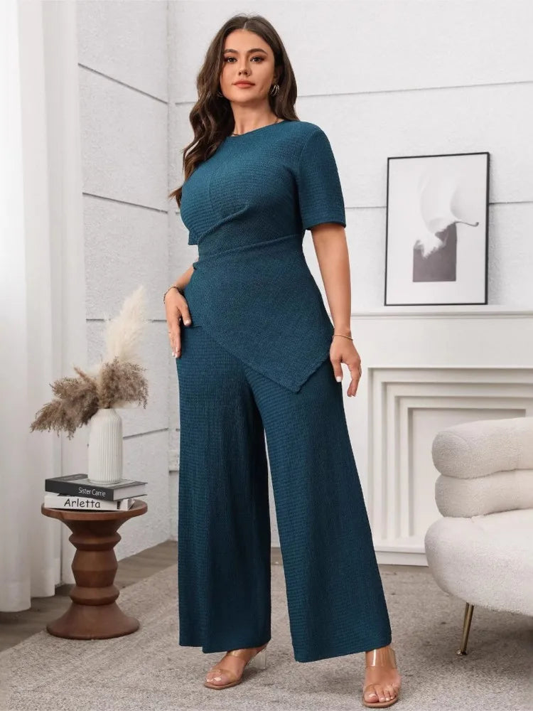 Plus Size Summer 2 Two Piece Set Women Irregular Slim Waist Fashion Ladies Blouses Wide Leg Loose Pleated Woman Long Pants