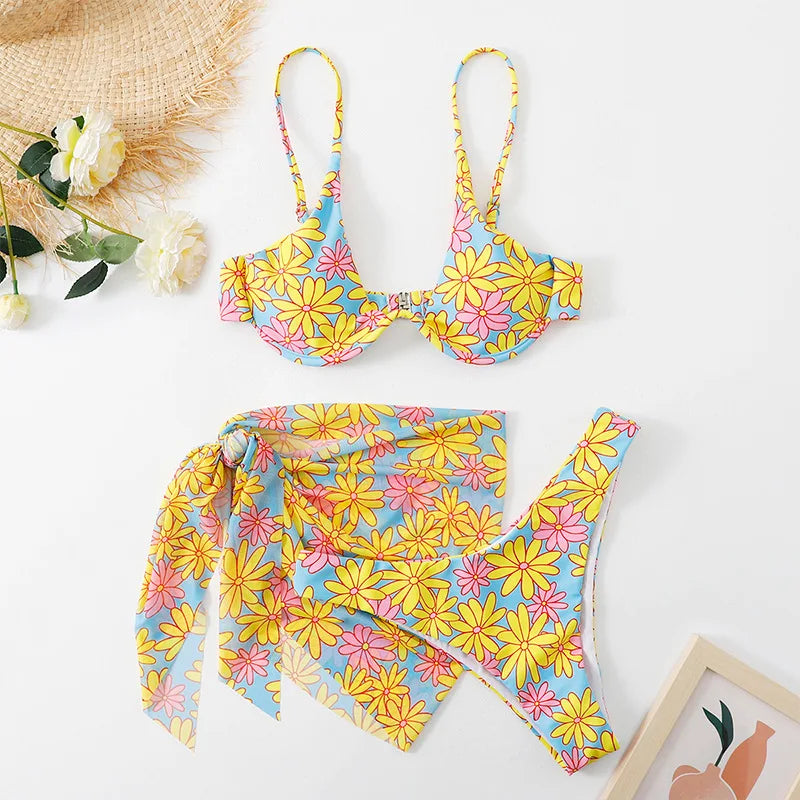 Tie Dye Bikini 2022 Skirts 3 Pieces Set Push Up Swimsuit Women Underwired Swimwear Female Sexy Bathing Suit Beach Wear 4