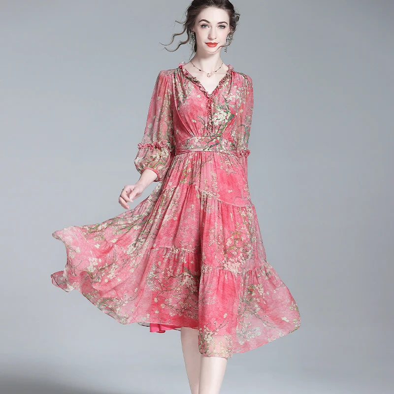 EVNISI Summer Women Boho Chiffon Dress V-Neck Red Elegant Office Floral Printing A-line Dresses Chic For Women Party Vestido RED