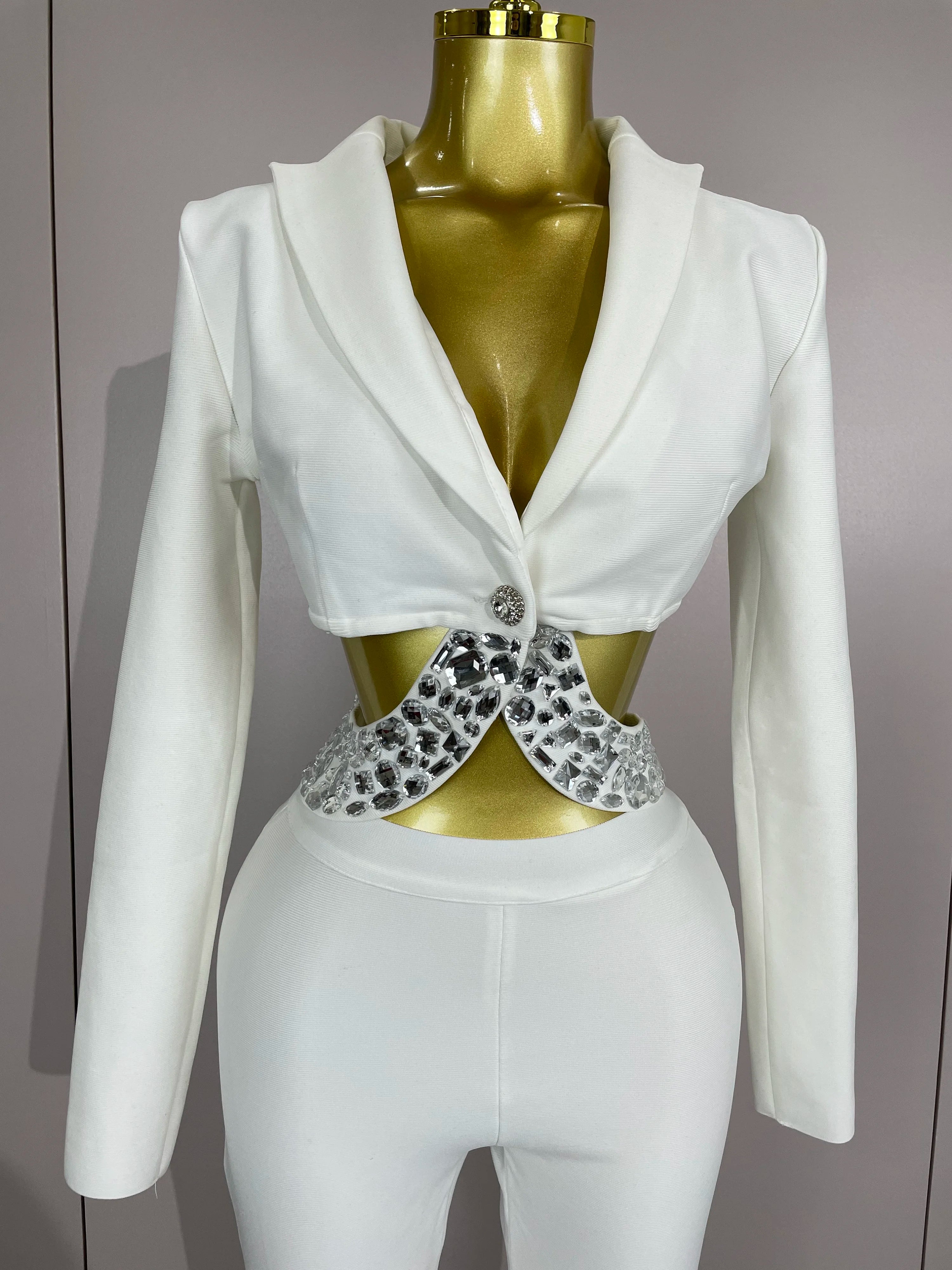 Sexy Cut Out Long Sleeve Beading Bodycon Two Pieces Pants Bandage Set Women Celebrity Designer Fashion Women Luxury Birthday Set