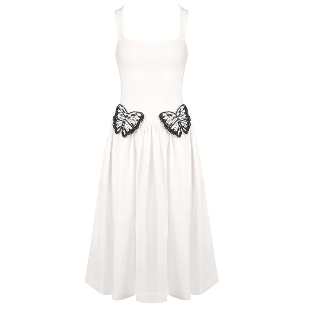 Fresh White Spaghetti Sleeveless Square-Neck with Lace Butterfly Details Midi Dress for Garden Party Gown WHITE