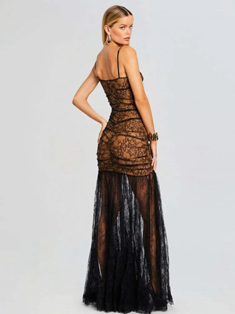 Women Celebrity Sexy Sleeveless Black Mesh Ruched Black Lace Maxi Long Gowns Dress 2024 Elegant Evening Party Club Vestido