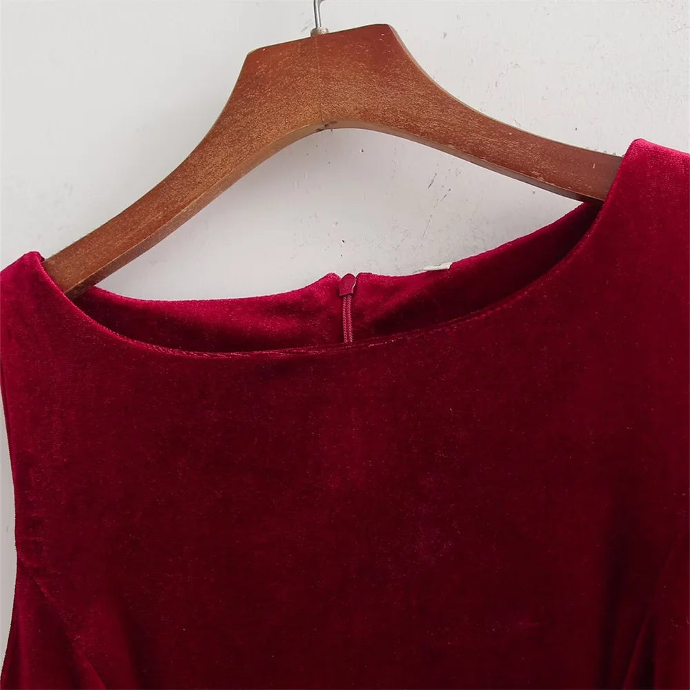 UNIZERA Retro Style Bow Tie Velvet Dress Winter New Round Neck Sleeveless Solid Color Slimming Short Skirt
