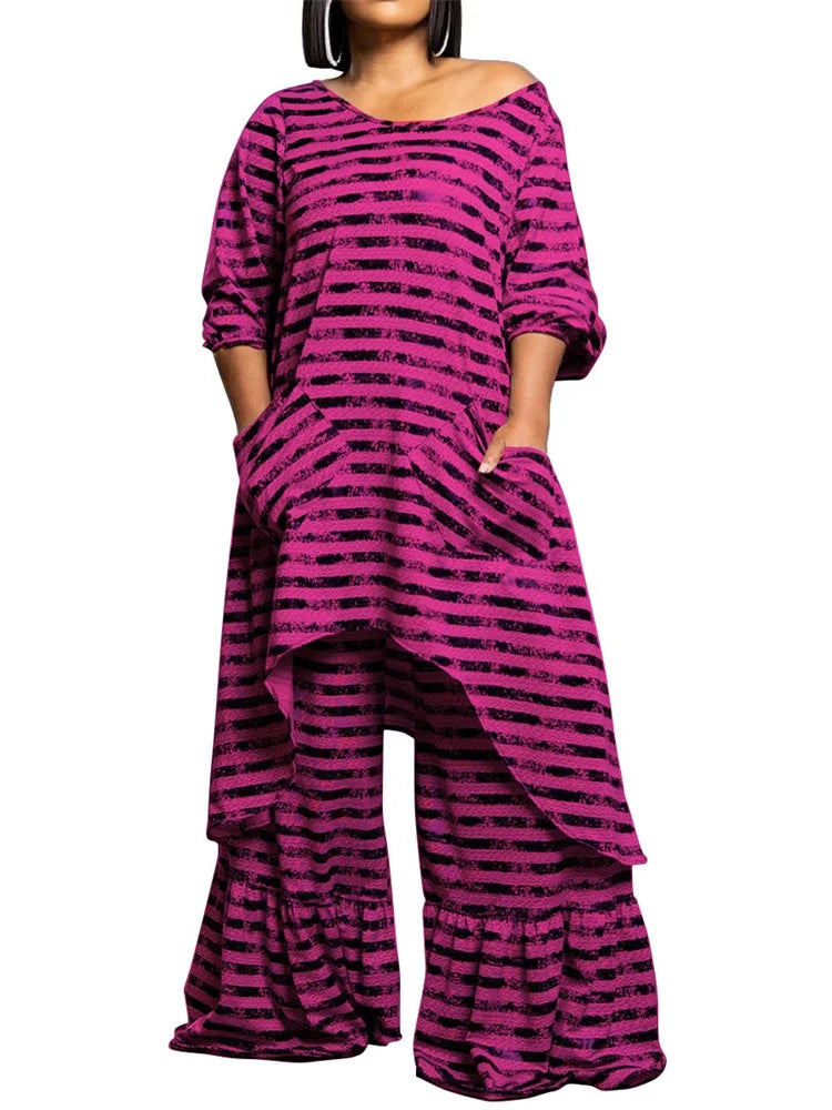 Wmstar Plus Size Two Piece Women Clothing Long Sleeve Long Top and Pants Sets Striped Matching Set Wholesale Dropshopping 2024