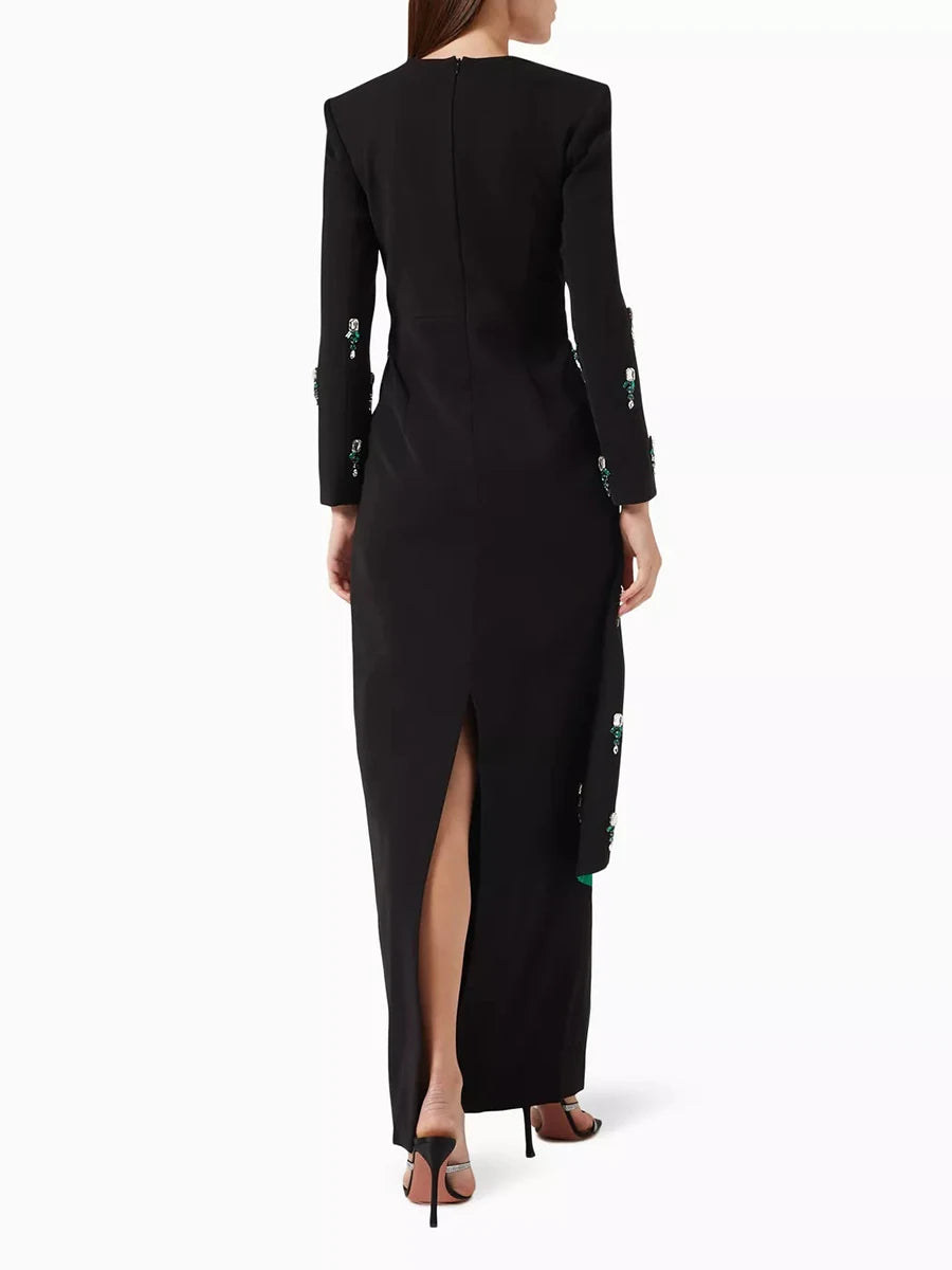 Colorblock Spliced Bead Luxurious Two Piece Sets for Women Square Neck Long Sleeves Top High Waist Skirt Set Female