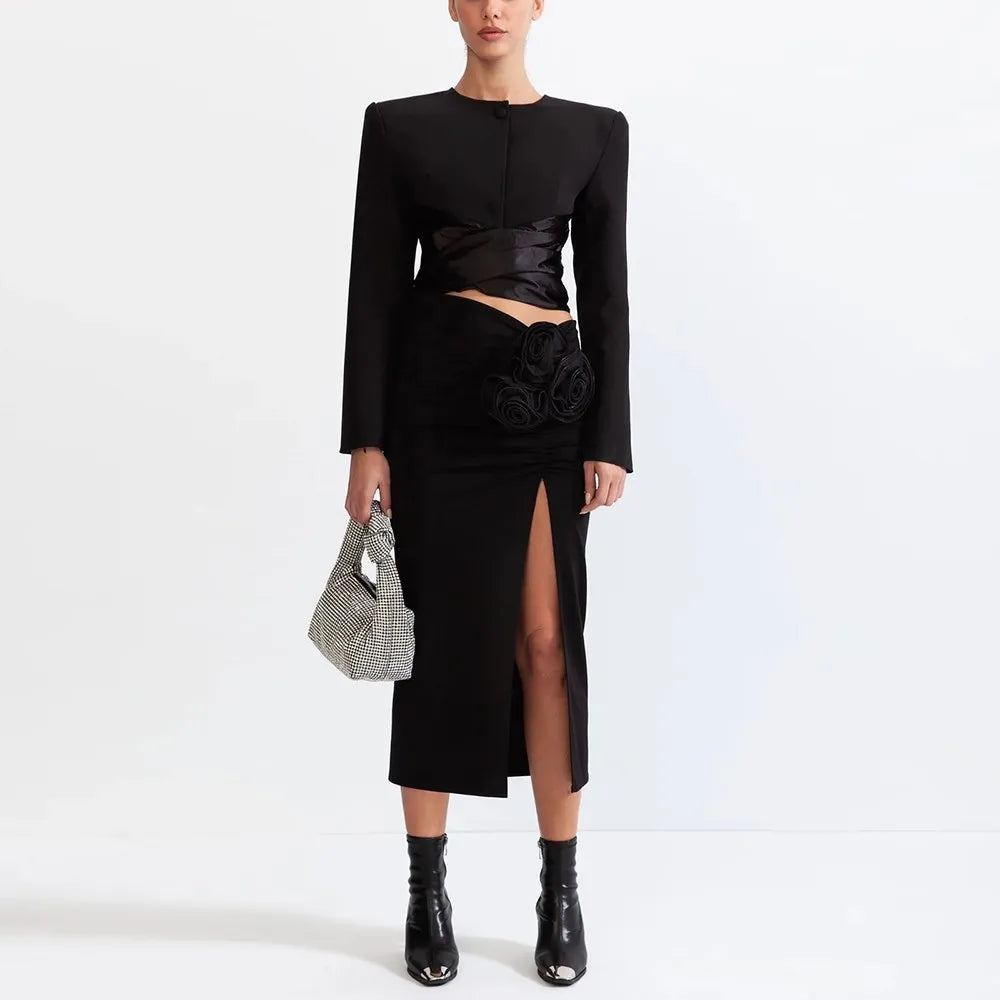 Chic Two Piece Set For Women Round Neck Long Sleeve Top High Waist Spliced Appliques Skirt Elegant Sets Female New BLACK